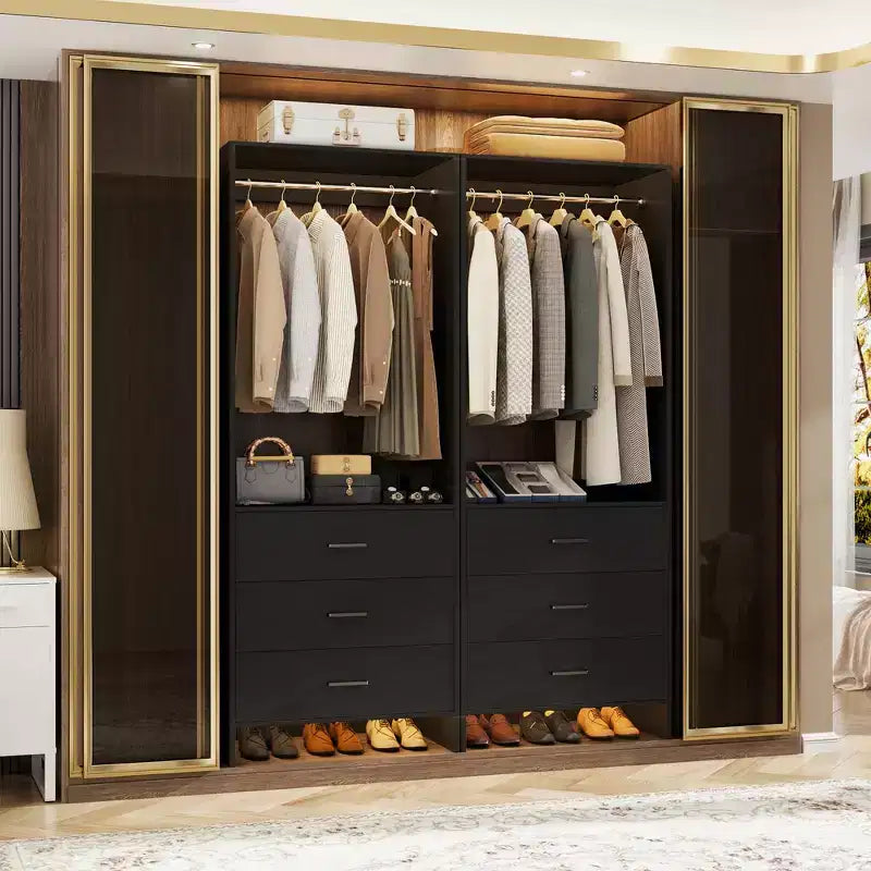 Besiost Closet Organizer System with Wooden Drawers, Freestanding Wardrobe with Hanging Rod