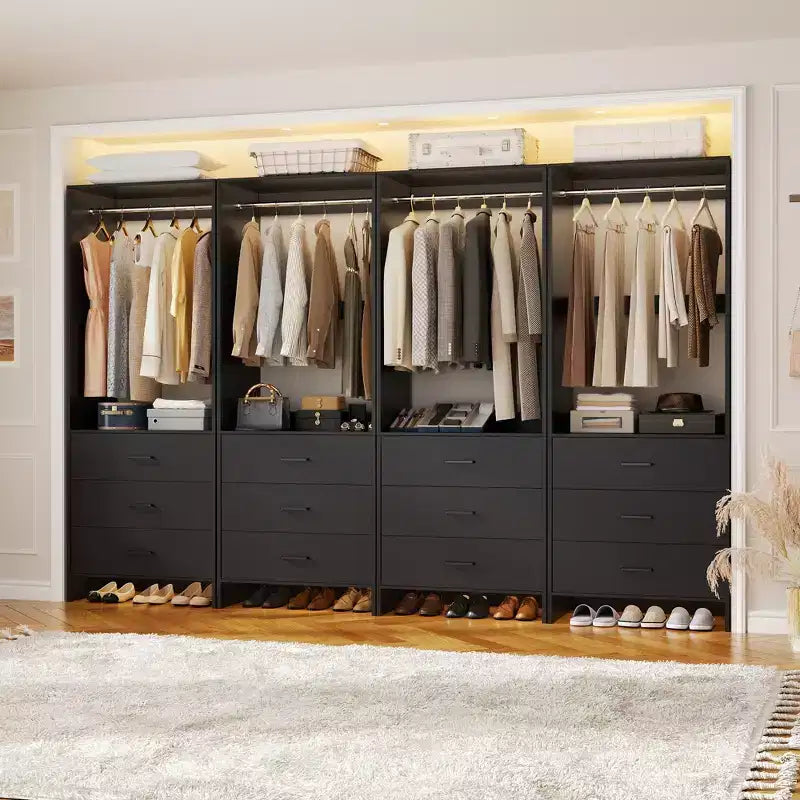 Besiost Closet Organizer System with Wooden Drawers, Freestanding Wardrobe with Hanging Rod