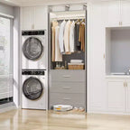 Besiost Closet Organizer System with Wooden Drawers, Freestanding Wardrobe with Hanging Rod