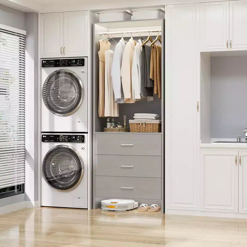 Besiost Closet Organizer System with Wooden Drawers, Freestanding Wardrobe with Hanging Rod