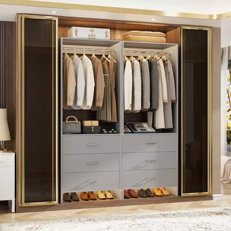 Besiost Closet Organizer System with Wooden Drawers, Freestanding Wardrobe with Hanging Rod