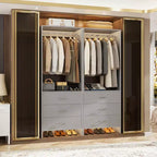 Besiost Closet Organizer System with Wooden Drawers, Freestanding Wardrobe with Hanging Rod