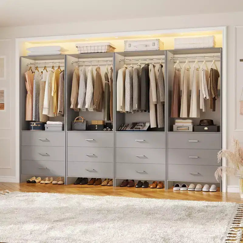 Besiost Closet Organizer System with Wooden Drawers, Freestanding Wardrobe with Hanging Rod