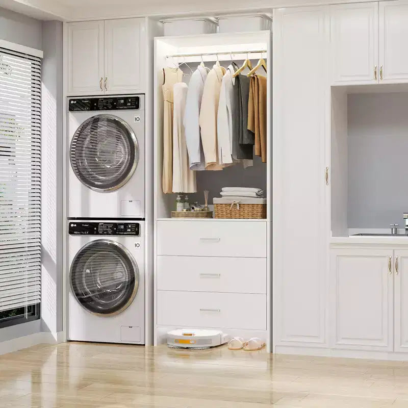 Besiost Closet Organizer System with Wooden Drawers, Freestanding Wardrobe with Hanging Rod
