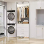 Besiost Closet Organizer System with Wooden Drawers, Freestanding Wardrobe with Hanging Rod