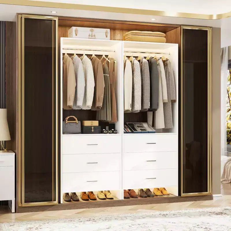 Besiost Closet Organizer System with Wooden Drawers, Freestanding Wardrobe with Hanging Rod