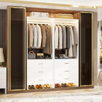 Besiost Closet Organizer System with Wooden Drawers, Freestanding Wardrobe with Hanging Rod