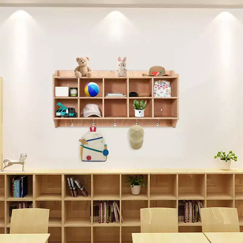Wall Cubbies Storage Organizer, 10-Cube Shelf with Hooks for Classroom and Daycare
