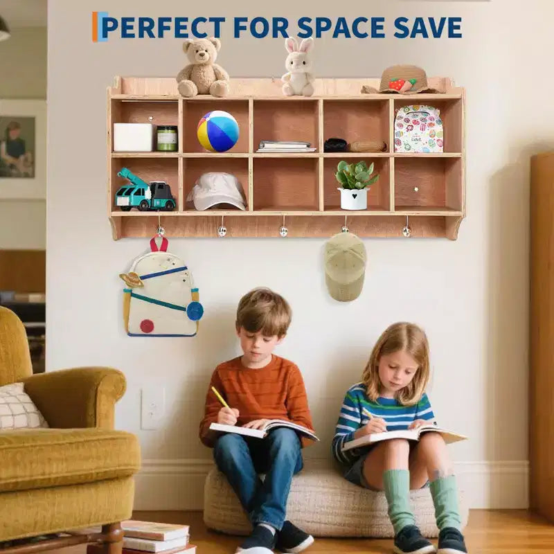 Wall Cubbies Storage Organizer, 10-Cube Shelf with Hooks for Classroom and Daycare