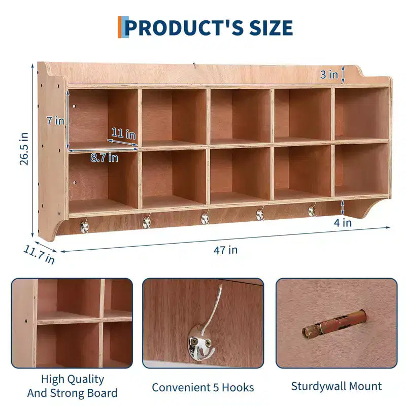 Wall Cubbies Storage Organizer, 10-Cube Shelf with Hooks for Classroom and Daycare