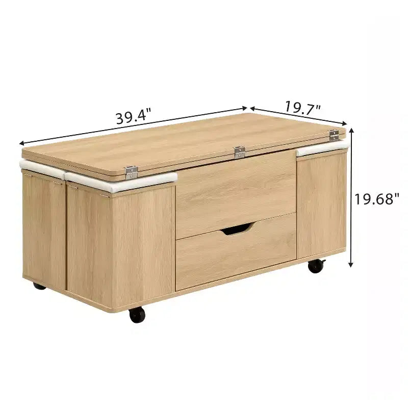 Table basse moderne fonctionnelle Okak avec plateau relevable, rangement dissimulé et tabourets, ensemble de table basse tendance pour salon, bureau
