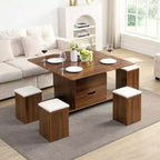 Table basse moderne fonctionnelle Okak avec plateau relevable, rangement dissimulé et tabourets, ensemble de table basse tendance pour salon, bureau