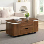 Table basse moderne fonctionnelle Okak avec plateau relevable, rangement dissimulé et tabourets, ensemble de table basse tendance pour salon, bureau