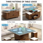 Table basse moderne fonctionnelle Okak avec plateau relevable, rangement dissimulé et tabourets, ensemble de table basse tendance pour salon, bureau
