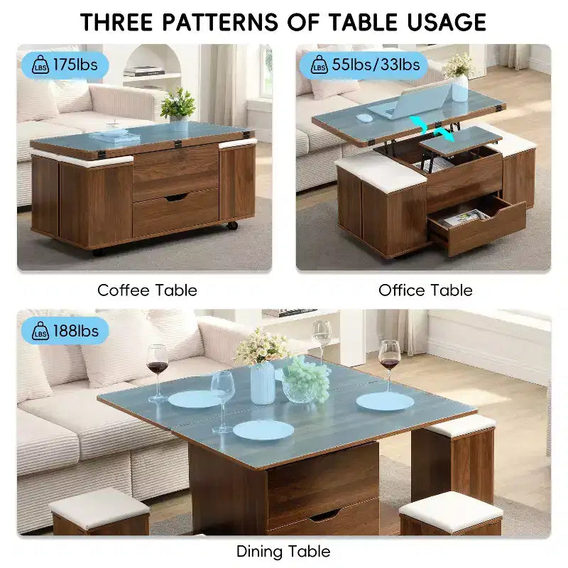 Table basse moderne fonctionnelle Okak avec plateau relevable, rangement dissimulé et tabourets, ensemble de table basse tendance pour salon, bureau