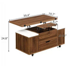 Table basse moderne fonctionnelle Okak avec plateau relevable, rangement dissimulé et tabourets, ensemble de table basse tendance pour salon, bureau