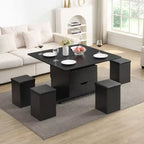 Table basse moderne fonctionnelle Okak avec plateau relevable, rangement dissimulé et tabourets, ensemble de table basse tendance pour salon, bureau
