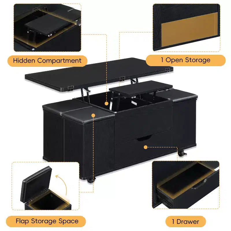 Table basse moderne fonctionnelle Okak avec plateau relevable, rangement dissimulé et tabourets, ensemble de table basse tendance pour salon, bureau