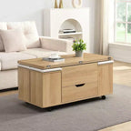 Table basse moderne fonctionnelle Okak avec plateau relevable, rangement dissimulé et tabourets, ensemble de table basse tendance pour salon, bureau