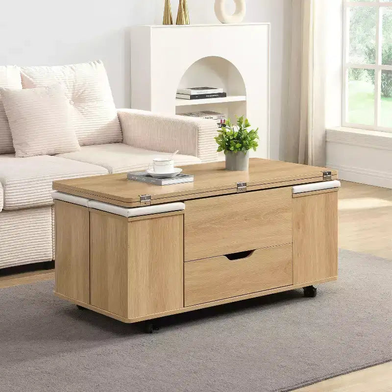 Table basse moderne fonctionnelle Okak avec plateau relevable, rangement dissimulé et tabourets, ensemble de table basse tendance pour salon, bureau
