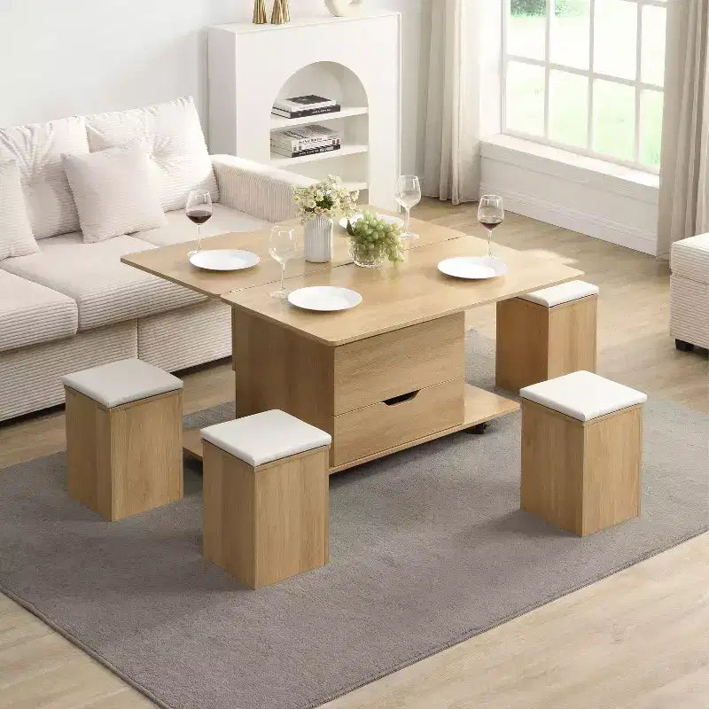 Table basse moderne fonctionnelle Okak avec plateau relevable, rangement dissimulé et tabourets, ensemble de table basse tendance pour salon, bureau