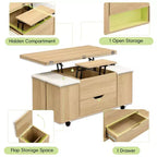Table basse moderne fonctionnelle Okak avec plateau relevable, rangement dissimulé et tabourets, ensemble de table basse tendance pour salon, bureau