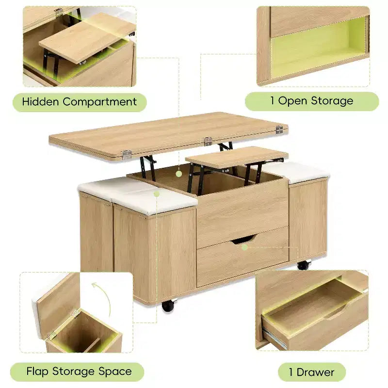 Table basse moderne fonctionnelle Okak avec plateau relevable, rangement dissimulé et tabourets, ensemble de table basse tendance pour salon, bureau