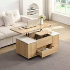 Table basse moderne fonctionnelle Okak avec plateau relevable, rangement dissimulé et tabourets, ensemble de table basse tendance pour salon, bureau