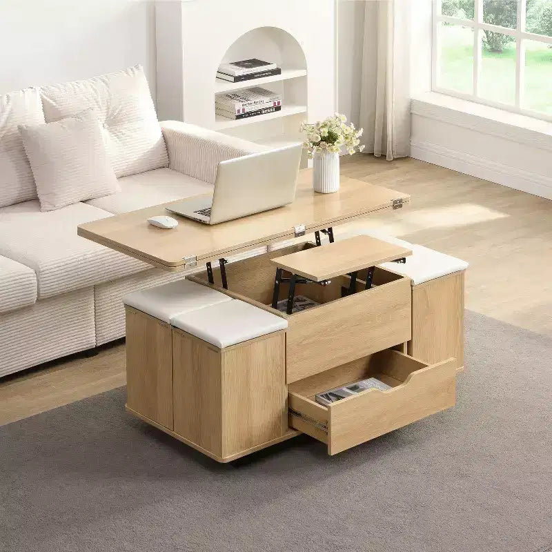 Table basse moderne fonctionnelle Okak avec plateau relevable, rangement dissimulé et tabourets, ensemble de table basse tendance pour salon, bureau