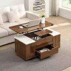 Table basse moderne fonctionnelle Okak avec plateau relevable, rangement dissimulé et tabourets, ensemble de table basse tendance pour salon, bureau