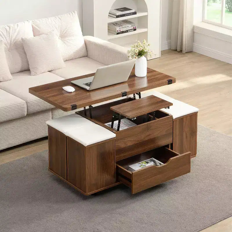 Table basse moderne fonctionnelle Okak avec plateau relevable, rangement dissimulé et tabourets, ensemble de table basse tendance pour salon, bureau
