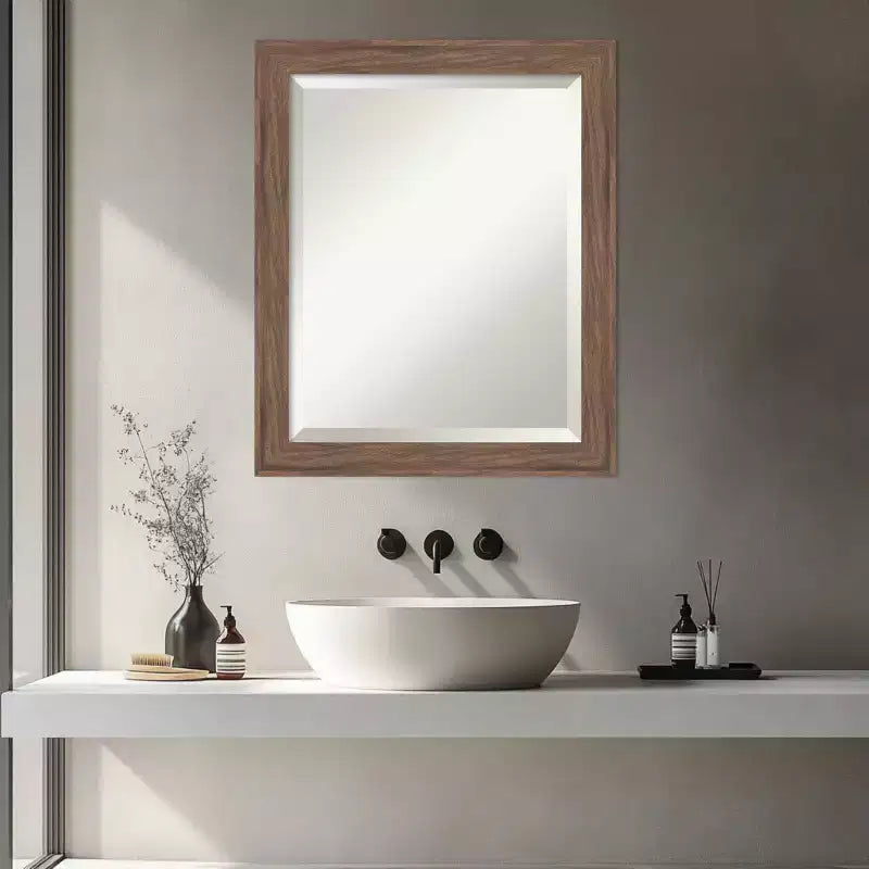 Amanti Art Pia Medium Brown Narrow Beveled Framed Bathroom Vanity Wall Mirror