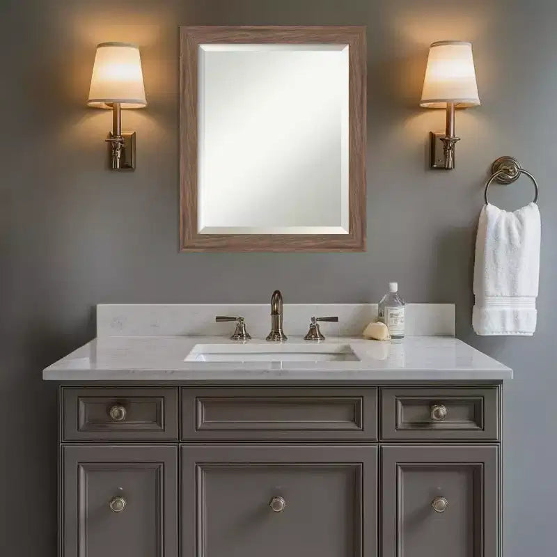 Amanti Art Pia Medium Brown Narrow Beveled Framed Bathroom Vanity Wall Mirror