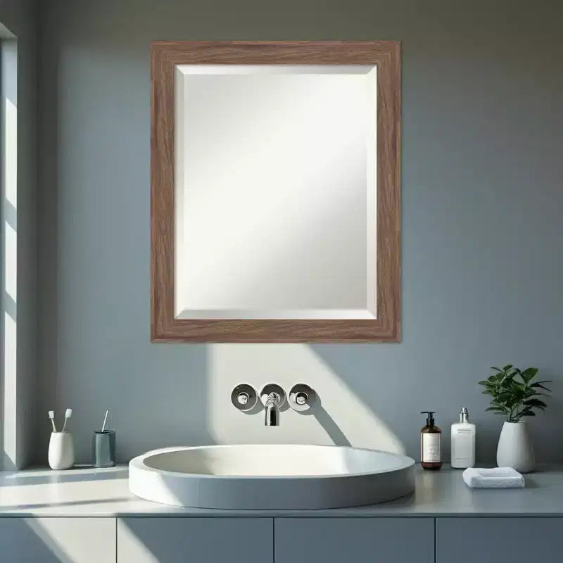 Amanti Art Pia Medium Brown Narrow Beveled Framed Bathroom Vanity Wall Mirror
