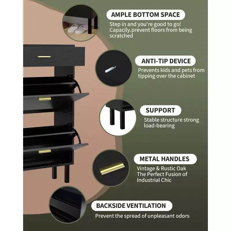 GustoWave Shoe Storage Cabinet for Entryway, Free Standing Shoe Organizer with 2 Flip Drawers, Hidden Shoe Rack Storage Organizer