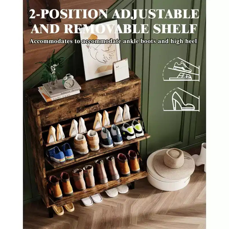 GustoWave Shoe Storage Cabinet for Entryway, Free Standing Shoe Organizer with 2 Flip Drawers, Hidden Shoe Rack Storage Organizer