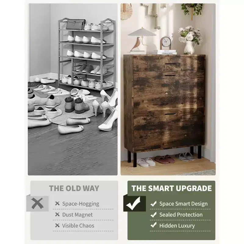 GustoWave Shoe Storage Cabinet for Entryway, Free Standing Shoe Organizer with 2 Flip Drawers, Hidden Shoe Rack Storage Organizer
