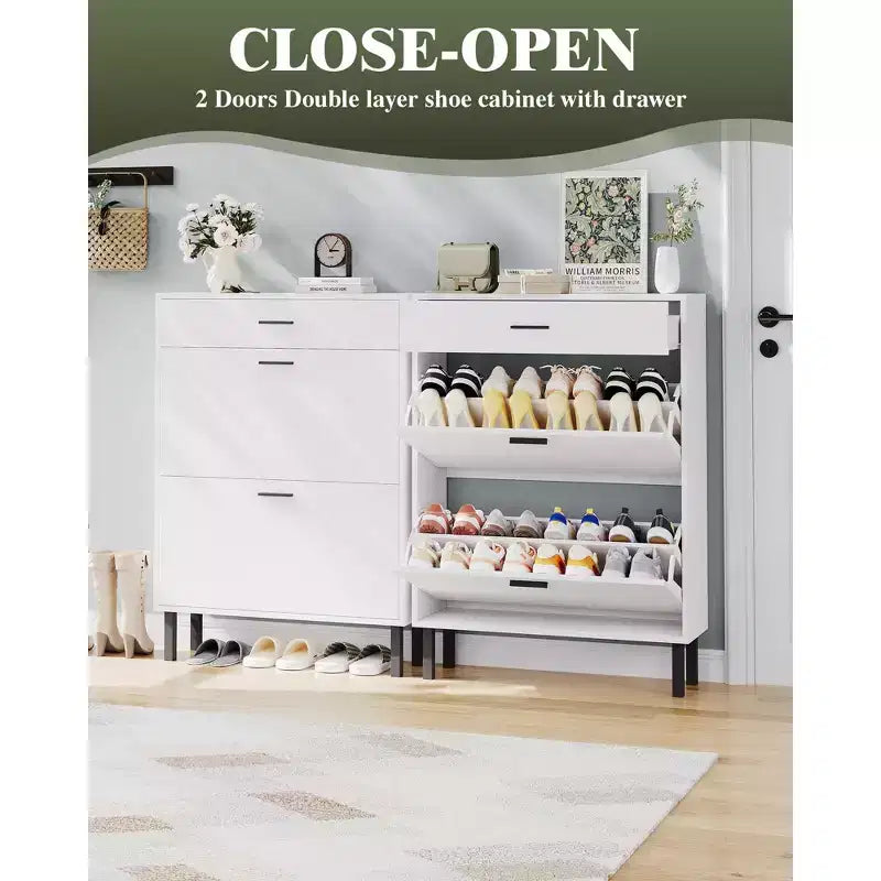 GustoWave Shoe Storage Cabinet for Entryway, Free Standing Shoe Organizer with 2 Flip Drawers, Hidden Shoe Rack Storage Organizer