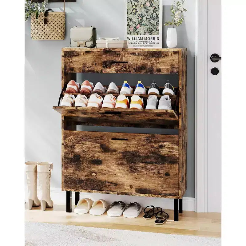 GustoWave Shoe Storage Cabinet for Entryway, Free Standing Shoe Organizer with 2 Flip Drawers, Hidden Shoe Rack Storage Organizer