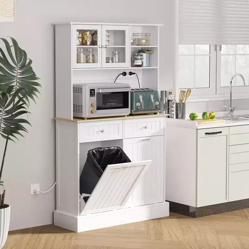 Kitchen Cabinet with Charging Station, 2 Tilt Out Cabinets, Microwave Stand, Freestanding Kitchen Pantry Cabinet