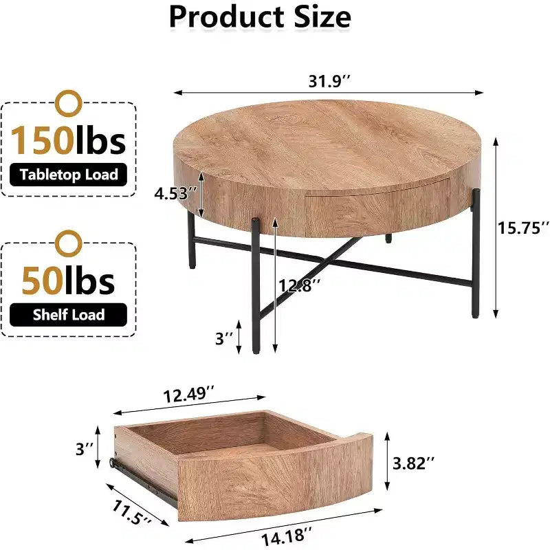 Table basse ronde avec tiroirs, table d'appoint en bois, table circulaire style ferme pour salon