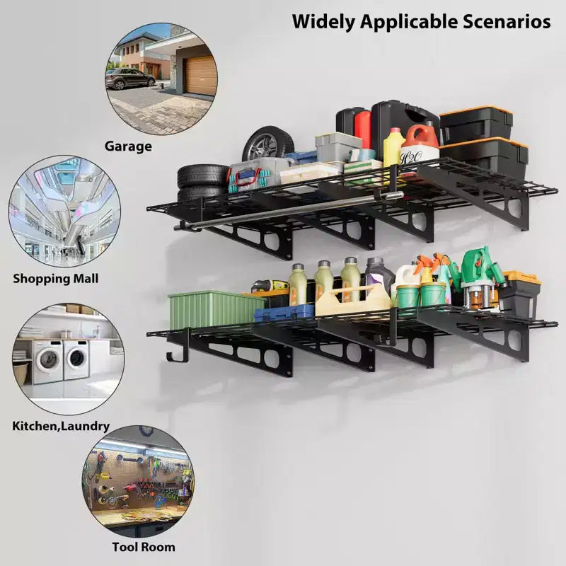 2x4 Ft Garage Shelving, Heavy Duty Wall Mounted Storage Rack, Floating Shelves, 800LB Load Capacity, Metal Garage Organization for Tools & Supplies