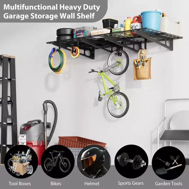 2x4 Ft Garage Shelving, Heavy Duty Wall Mounted Storage Rack, Floating Shelves, 800LB Load Capacity, Metal Garage Organization for Tools & Supplies