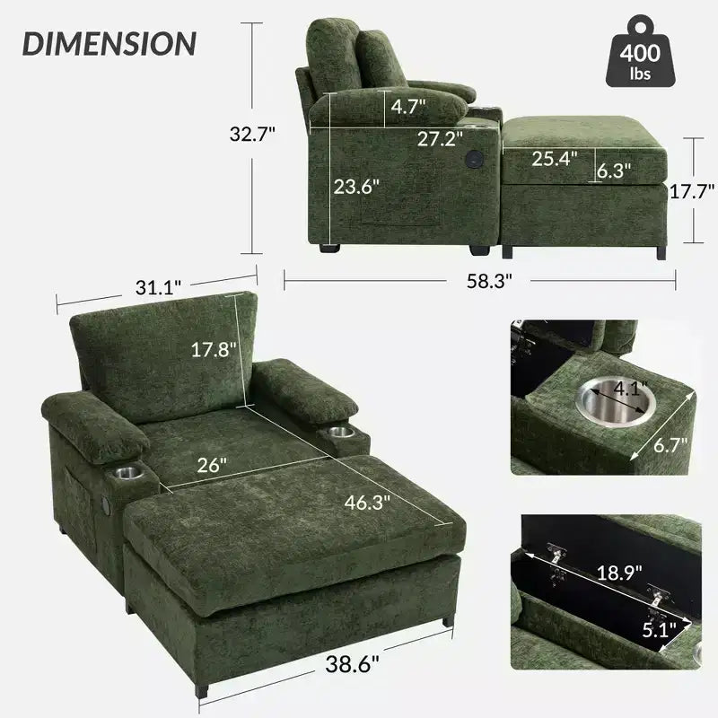 Canapé en chenille surdimensionné MAYEERTY avec pouf, porte-gobelets, soutien lombaire pour le soulagement des maux de dos pour salon ou bureau, vert