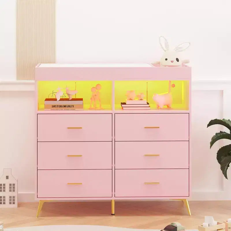 Commode à langer multi-fonctionnelle avec lumières LED et prise électrique (6 tiroirs + 2 étagères)
