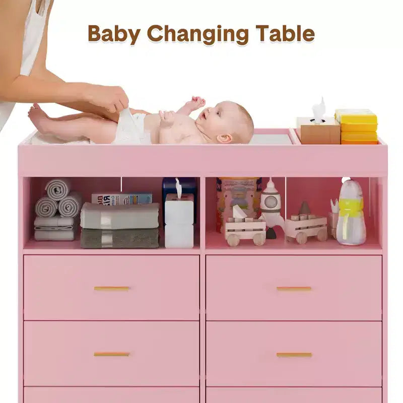Commode à langer multi-fonctionnelle avec lumières LED et prise électrique (6 tiroirs + 2 étagères)