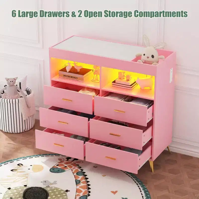 Commode à langer multi-fonctionnelle avec lumières LED et prise électrique (6 tiroirs + 2 étagères)