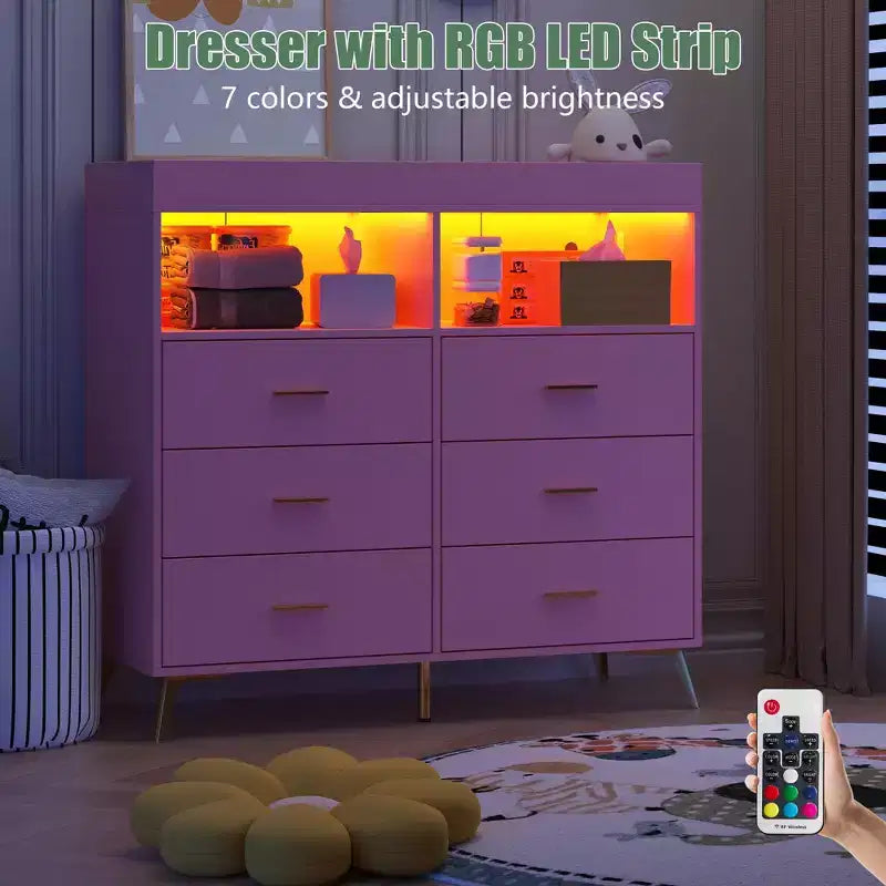 Commode à langer multi-fonctionnelle avec lumières LED et prise électrique (6 tiroirs + 2 étagères)