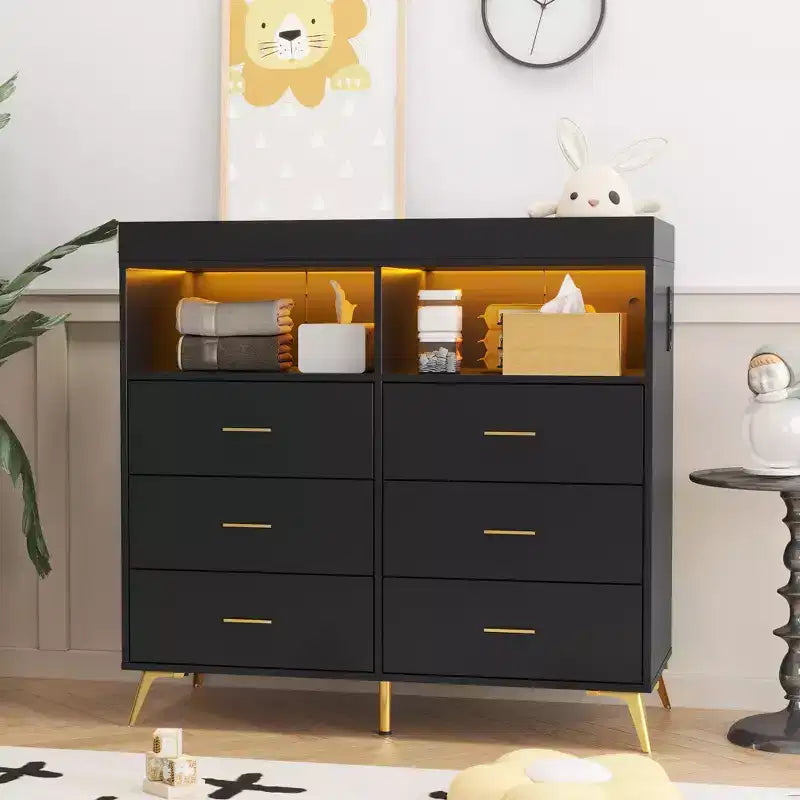 Commode à langer multi-fonctionnelle avec lumières LED et prise électrique (6 tiroirs + 2 étagères)