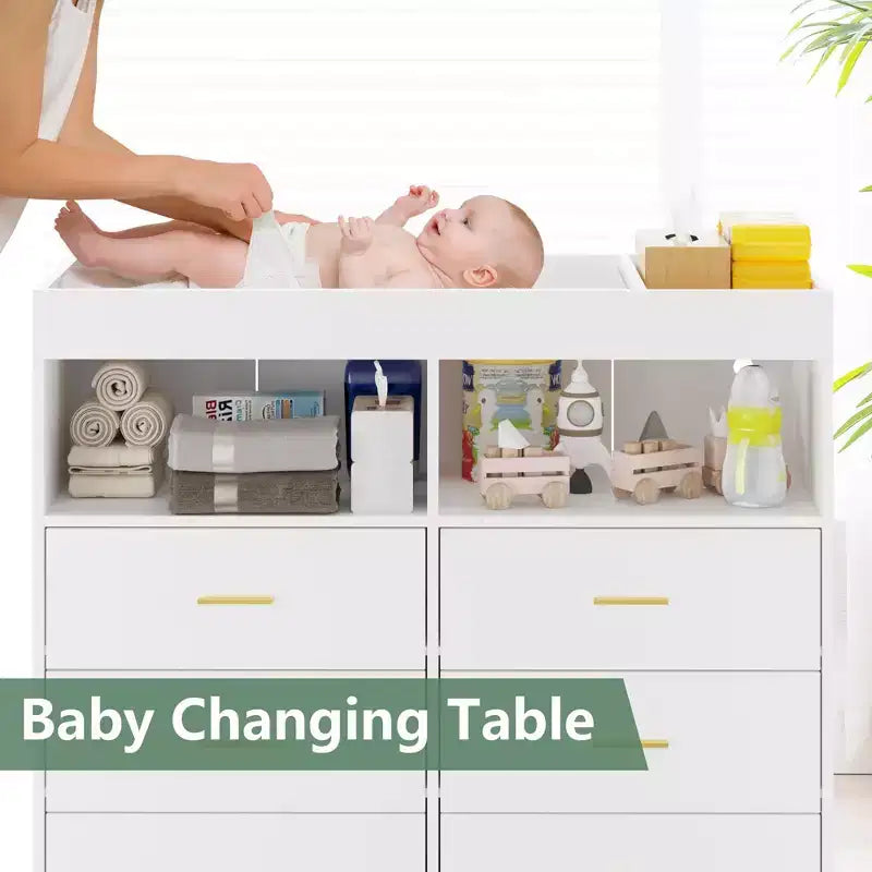 Commode à langer multi-fonctionnelle avec lumières LED et prise électrique (6 tiroirs + 2 étagères)